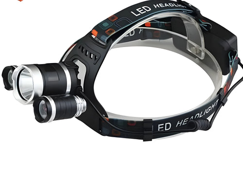 Aluminium alloy rechargeable LED headlight with adjustable head strap and Hawkeye lens.