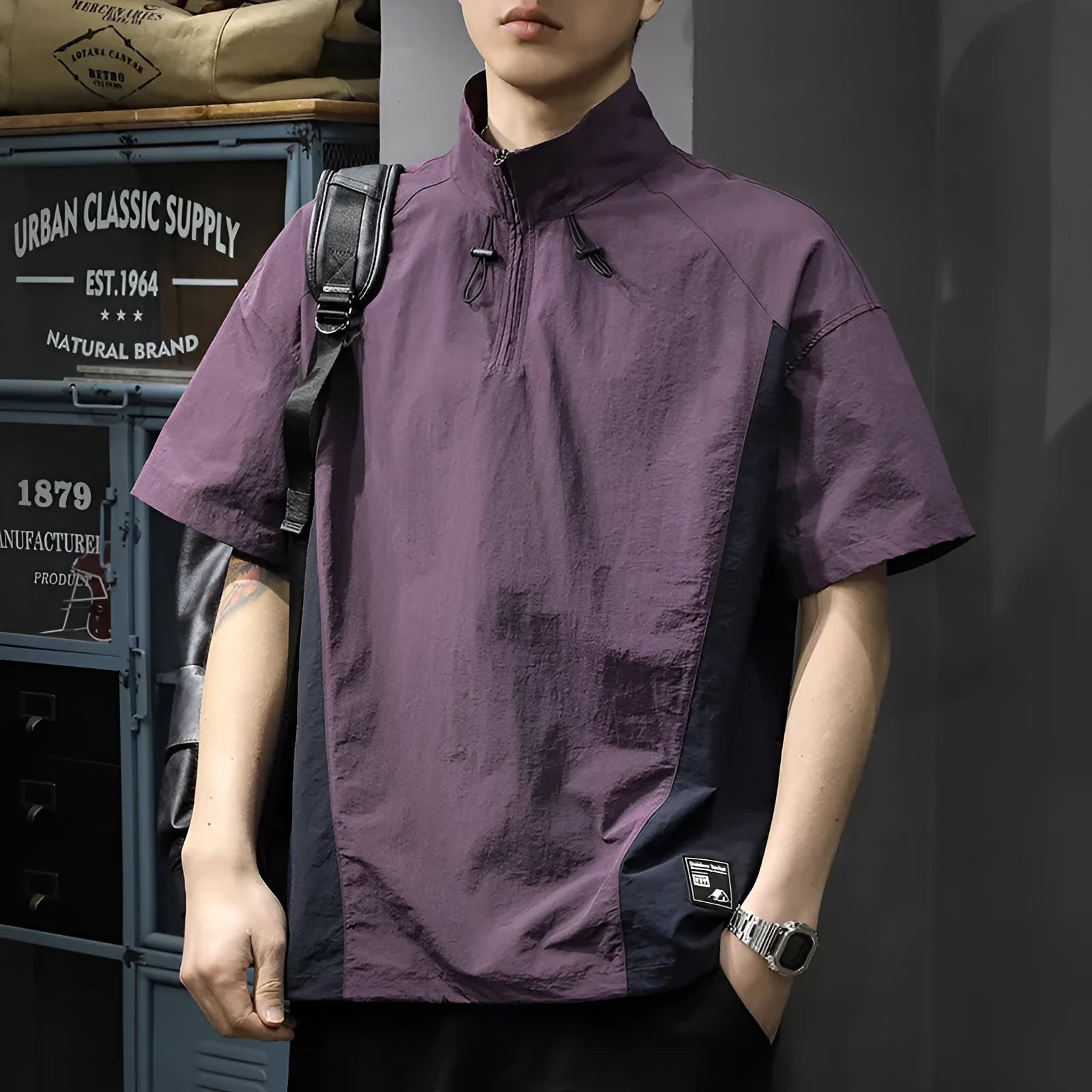 Men's brown half-zipped stand collar business casual shirt with short sleeves and ice silk fabric
