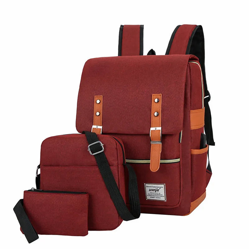 Three-piece Oxford cloth business backpack set with curved shoulder straps in wine red colour