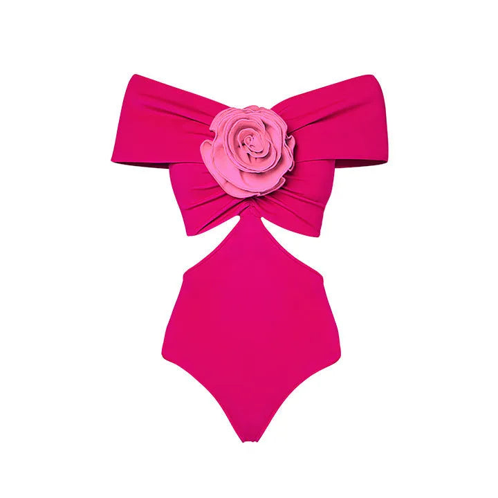 Women's floral patterned hollow out one-piece swimsuit with a separate white skirt laid flat.