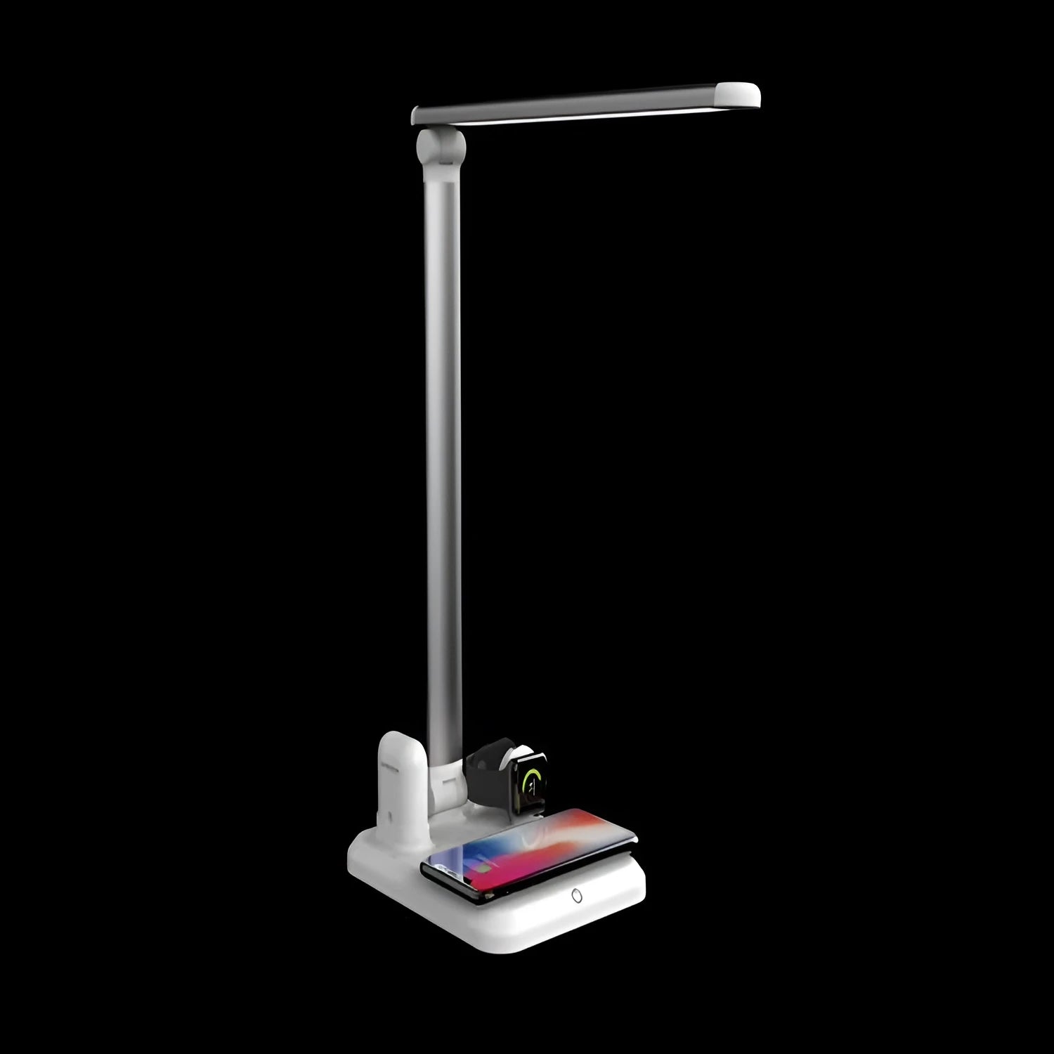 Black or white X-1 LED desk lamp with integrated wireless charging pad and USB Type-C port