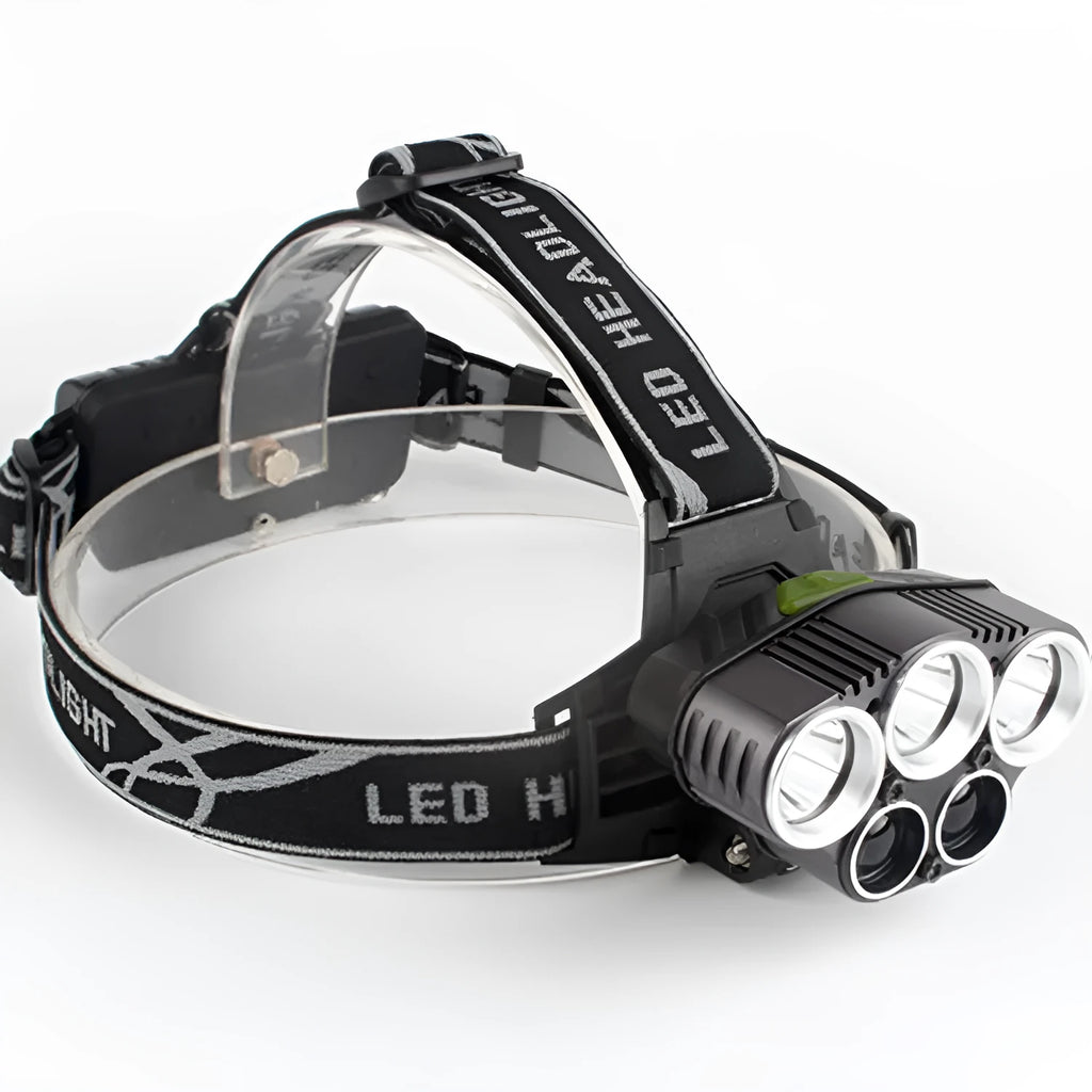 Head-mounted LED camping light with fixed focus beam for 300-500 metre outdoor illumination