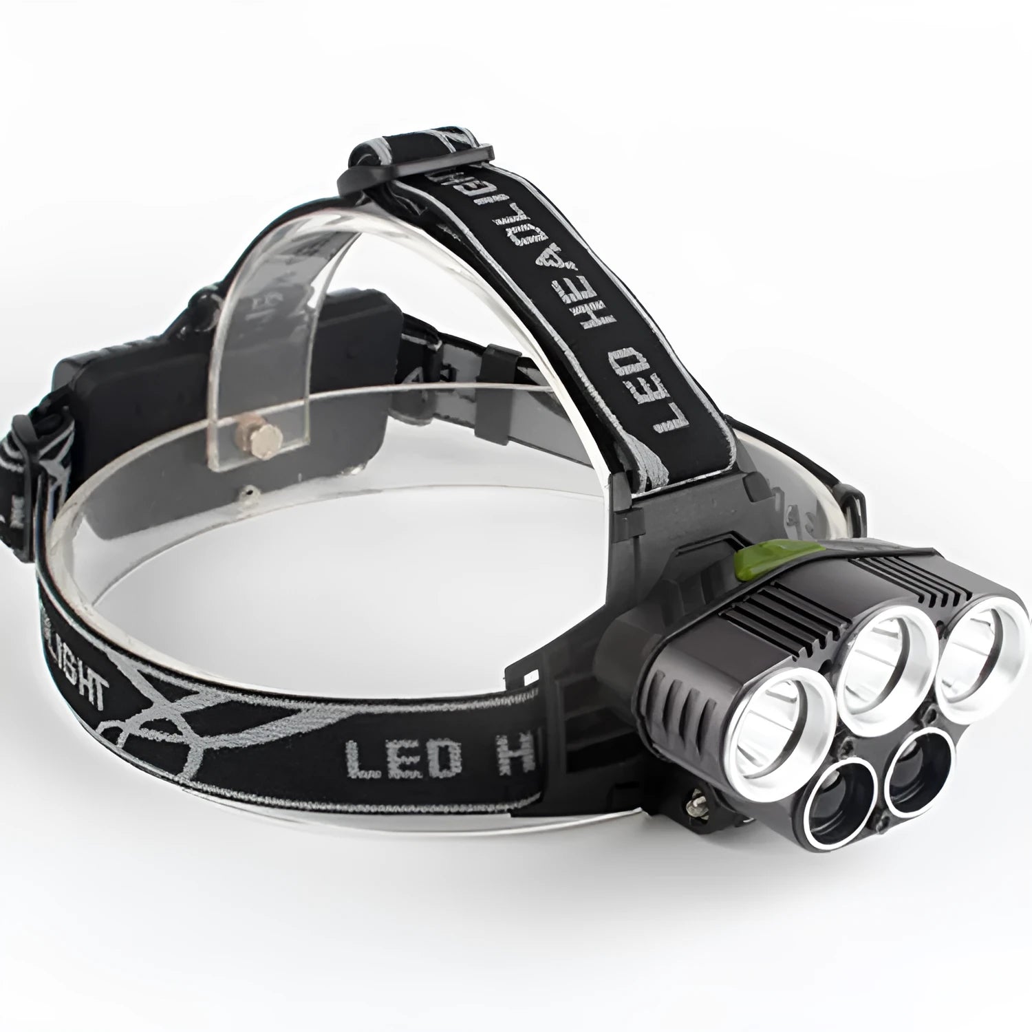 Head-mounted LED camping light with fixed focus beam for 300-500 metre outdoor illumination