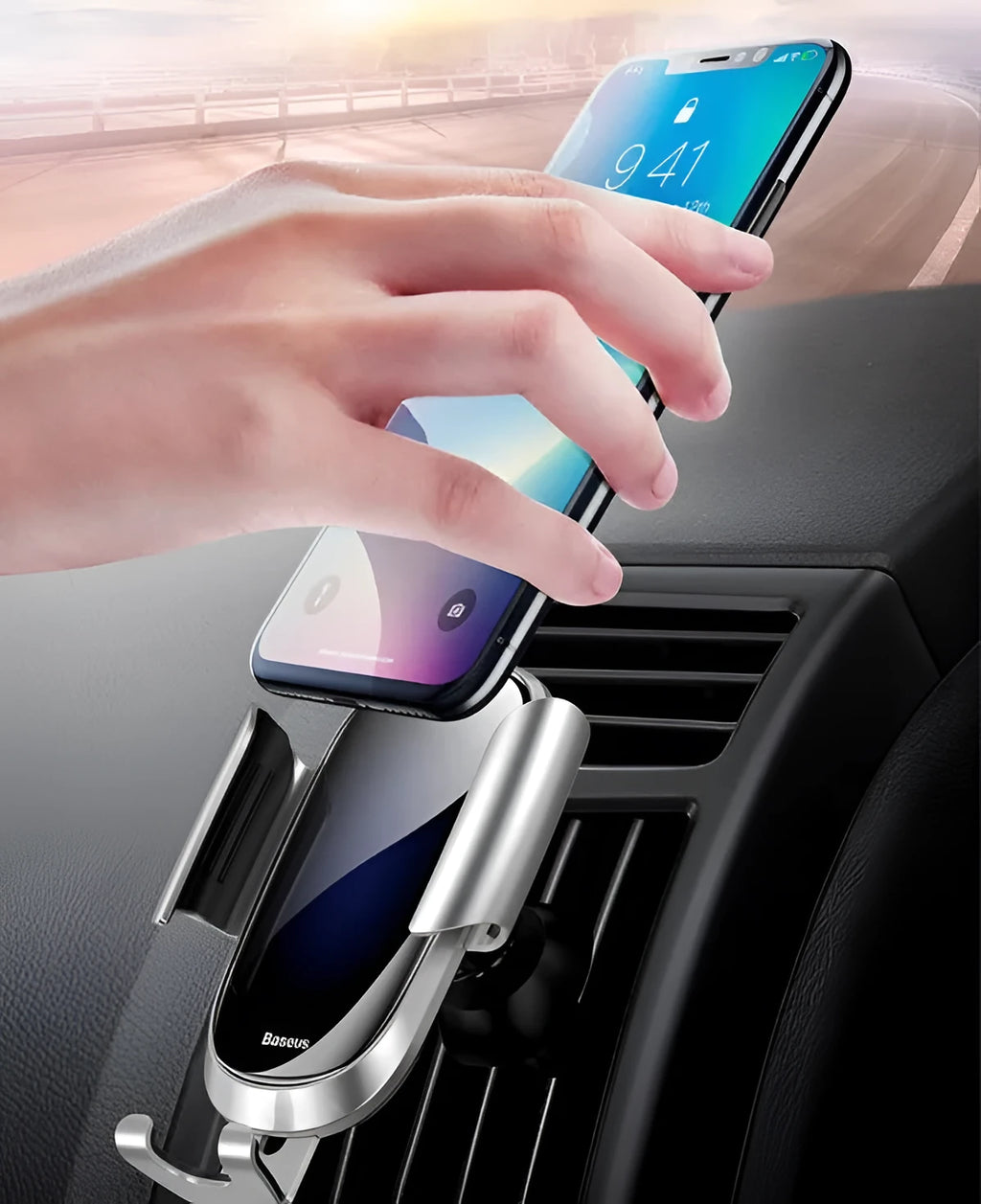 Universal smart car bracket with magnetic dashboard mount and adjustable arm in black, blue, and silvery colours.