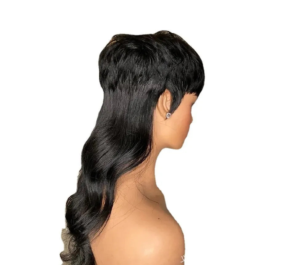 Black Brazilian wig with front bangs and layered long back styling