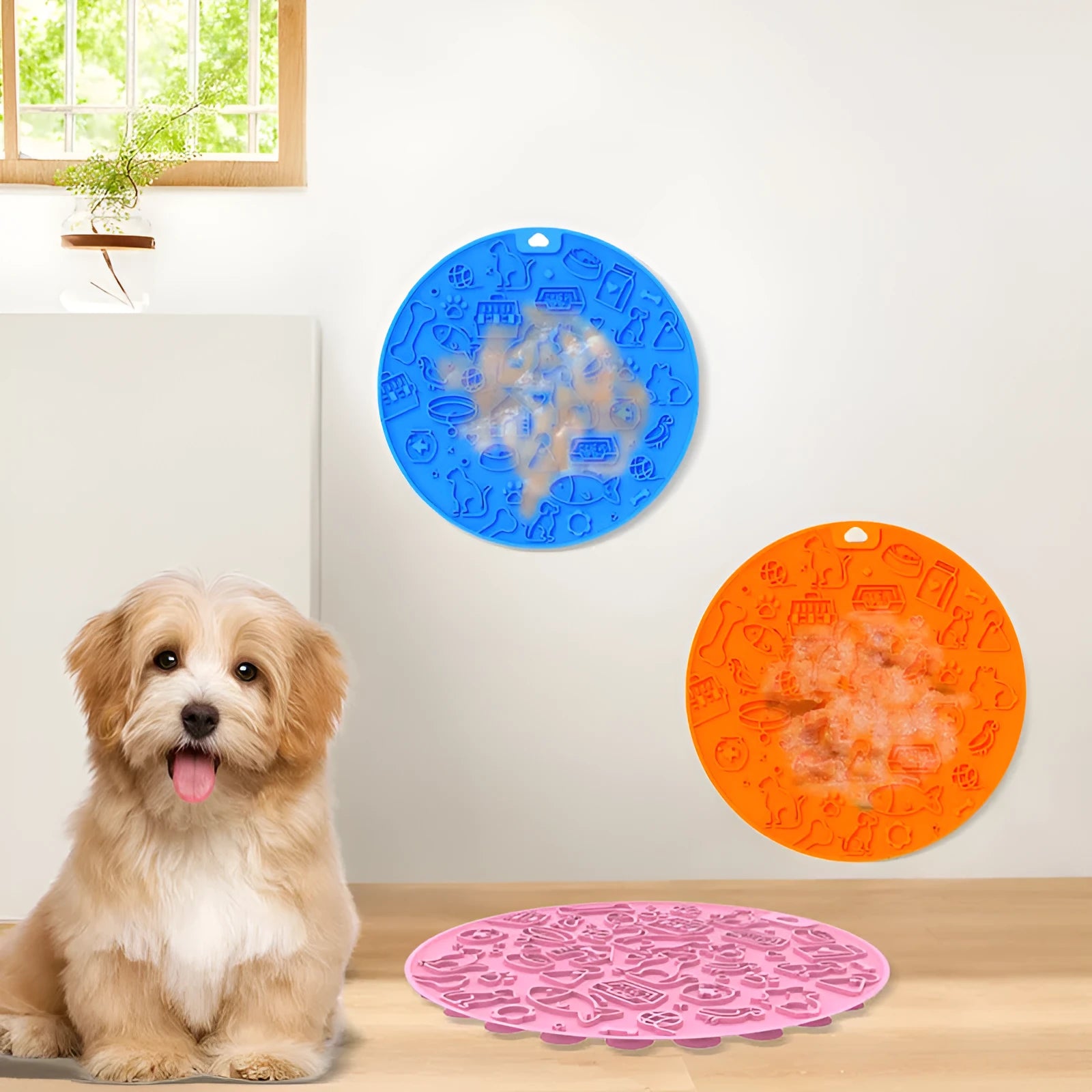 Round silicone pet licking mat with suction cup base in blue colour on smooth surface