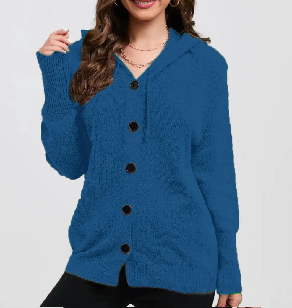 Women's solid colour thick cotton hooded cardigan sweater with 3D pattern, shown in loose fit.