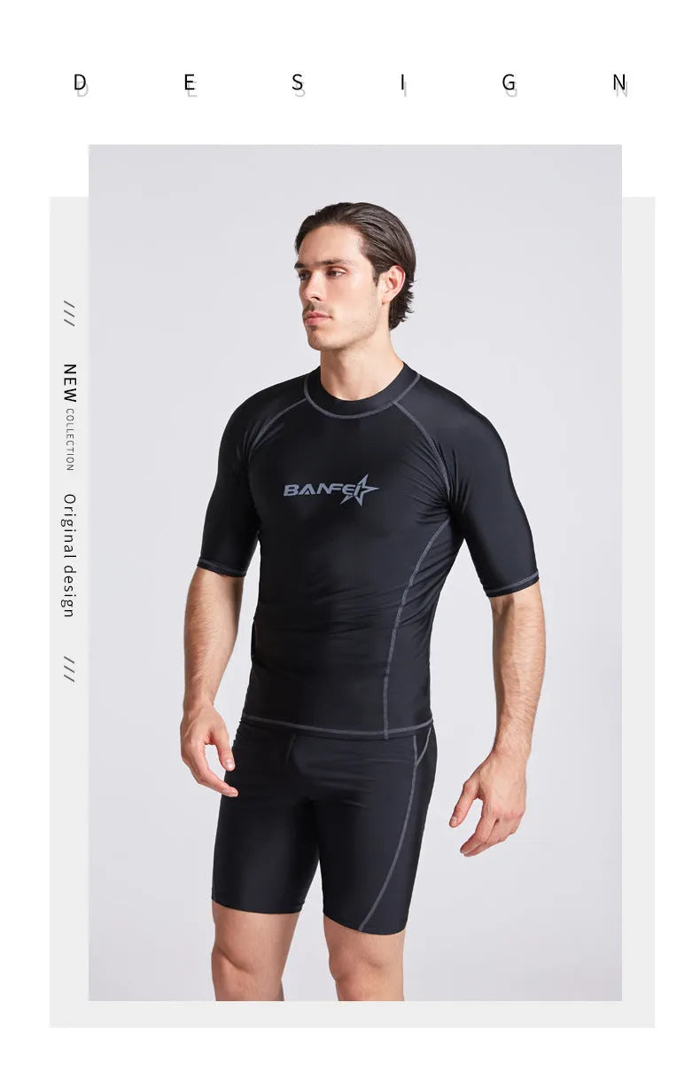 Men's quick-drying half sleeve swimsuit set in nylon fabric for water activities