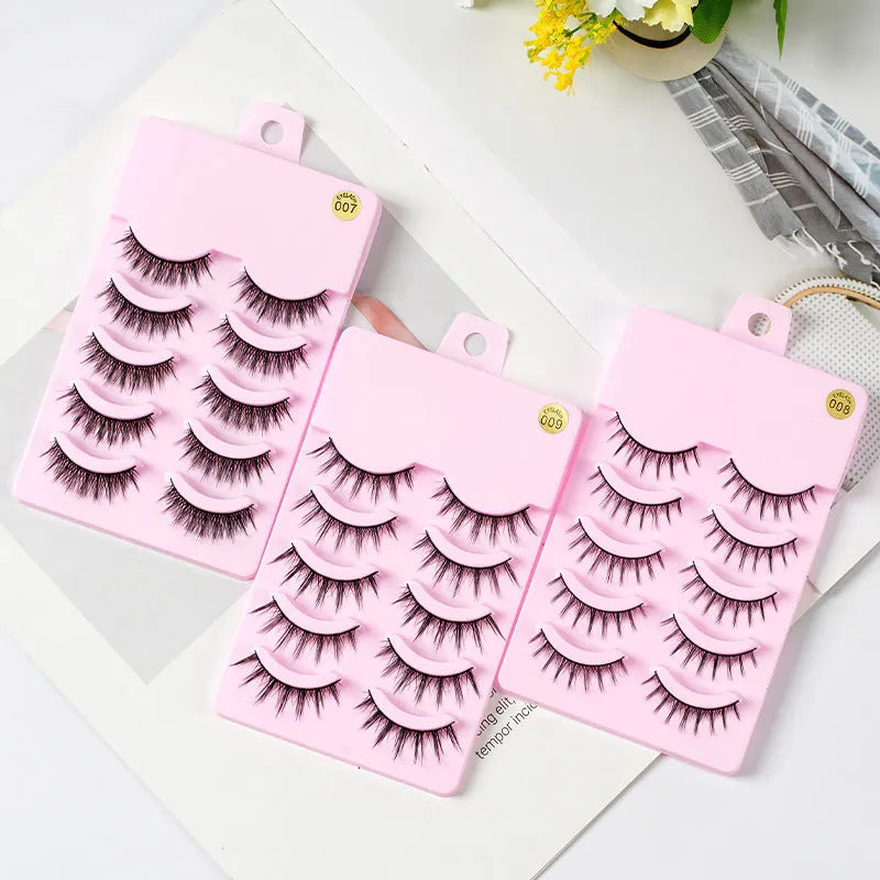 Pack of anime-style false eyelashes showing three wispy, natural slim length designs for cosplay and Korean makeup.
