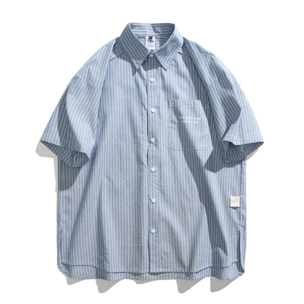Blue striped short-sleeved shirt overalls with loose fit design on mannequin