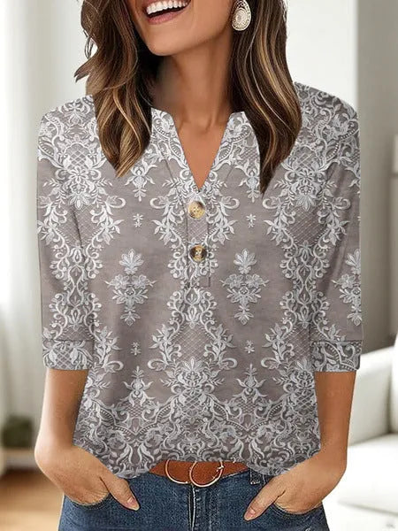 Women's loose fit V-neck T-shirt with 3D printed pattern in Korean casual style