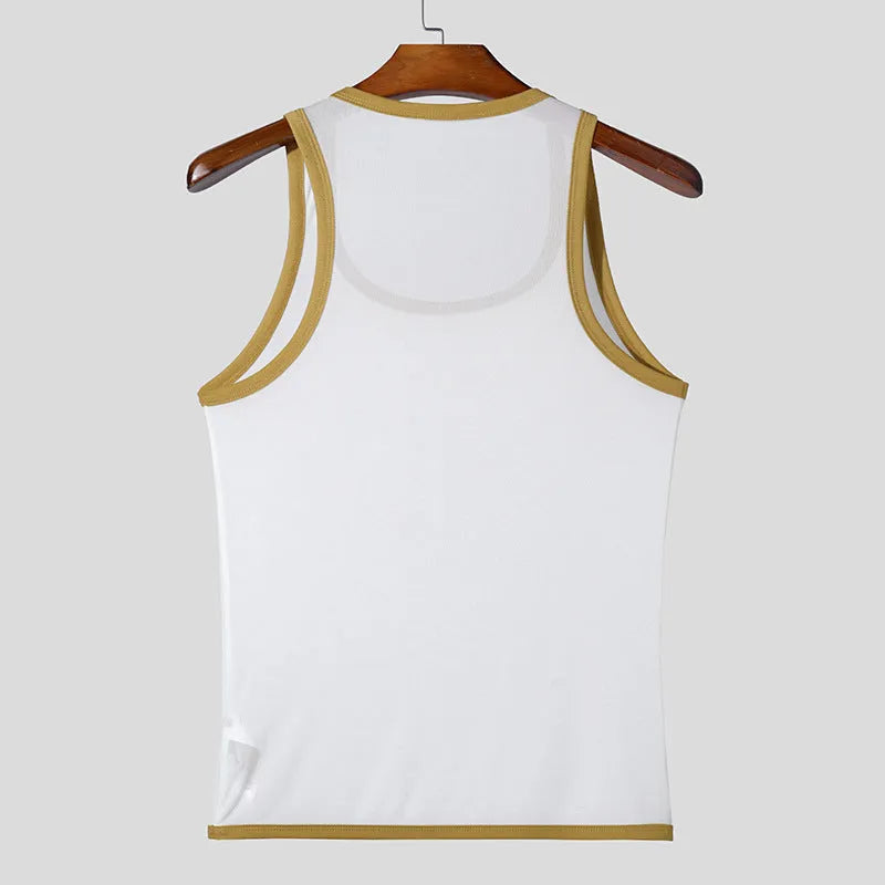 Men's black mesh fitness vest with straight hem design for sports and gym workouts