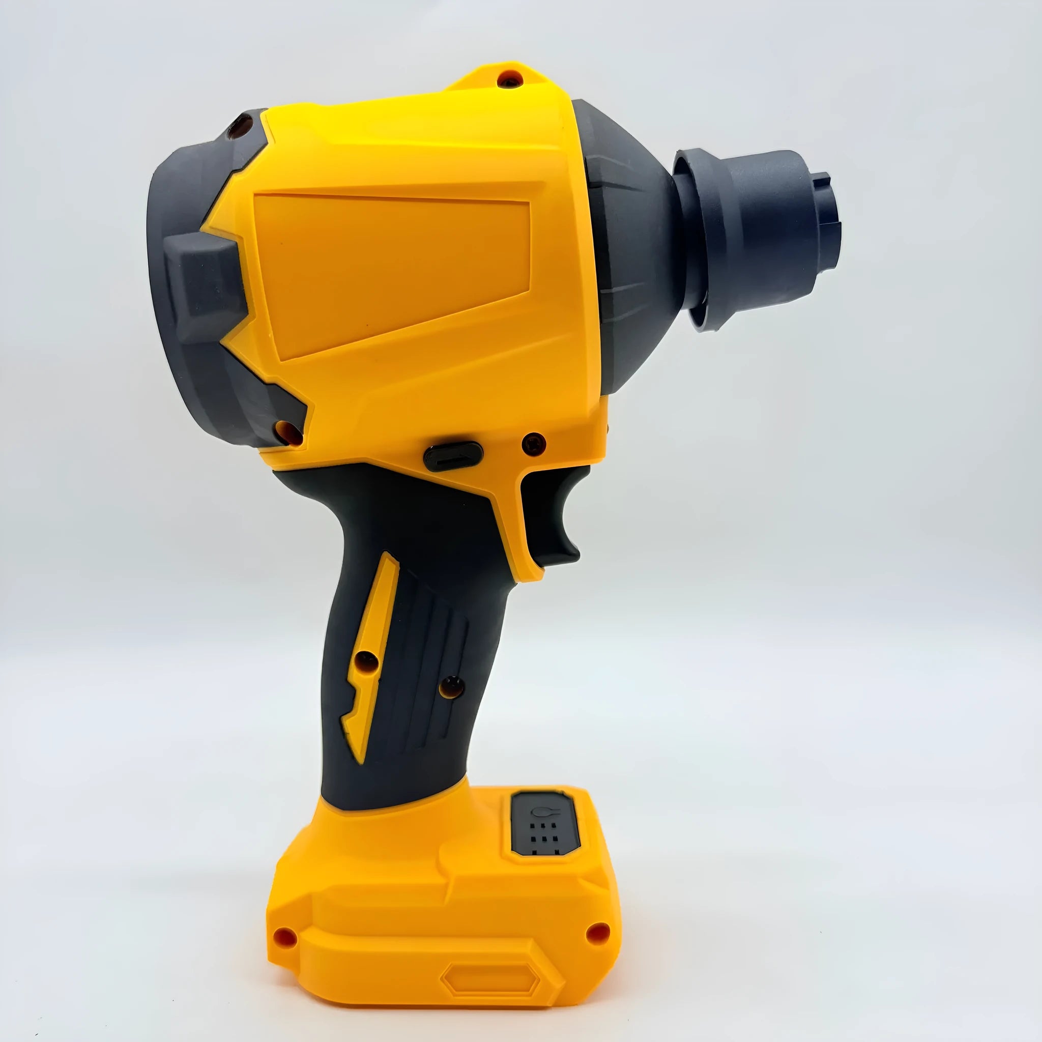 Handheld lithium battery snow blower and dust cleaner with bare metal head.