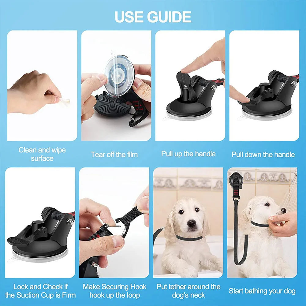 Set of four pet bathing suction cup handcuffs in black colour with traction ropes