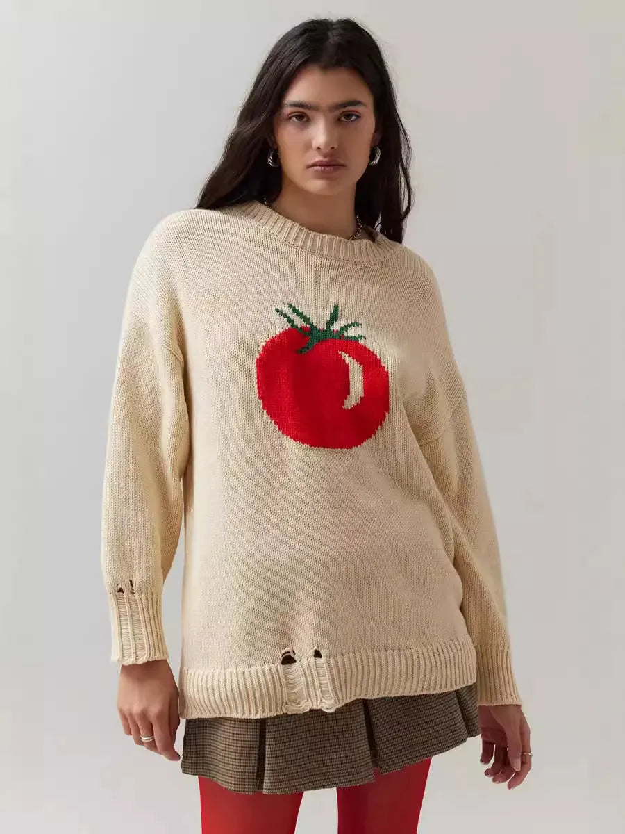 Women's loose-fitting acrylic sweater with jacquard detailing in milky white beige colour