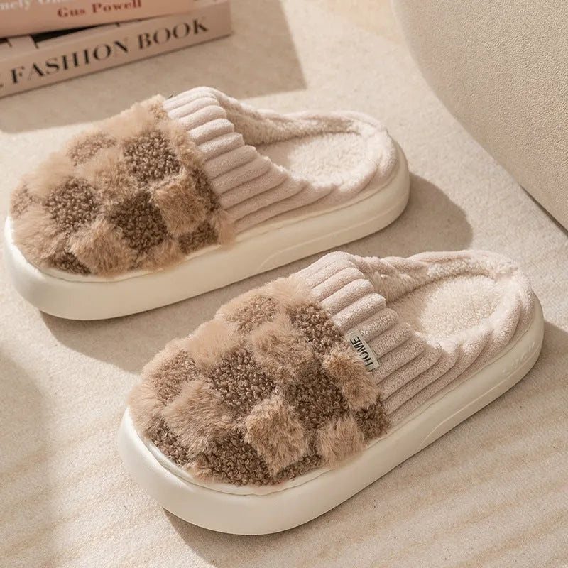 Plaid pattern women's plush slippers with round toe and non-slip sole in multiple colours