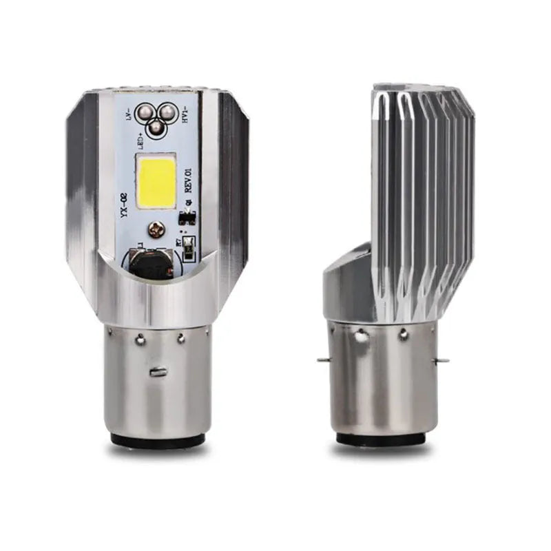 Motorcycle LED headlight with double claw H6 base and aluminium construction for 12-80V vehicles