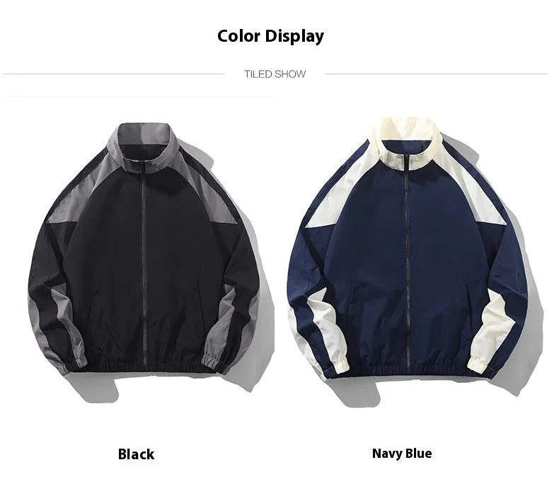 Men's black loose-fit casual jacket with contrast stitching and side pockets for spring and autumn.