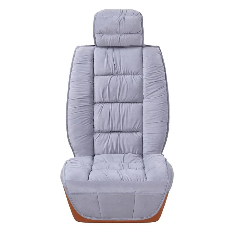 Winter short plush car seat cushion set in grey, showing wool cotton filler and polyester cover.