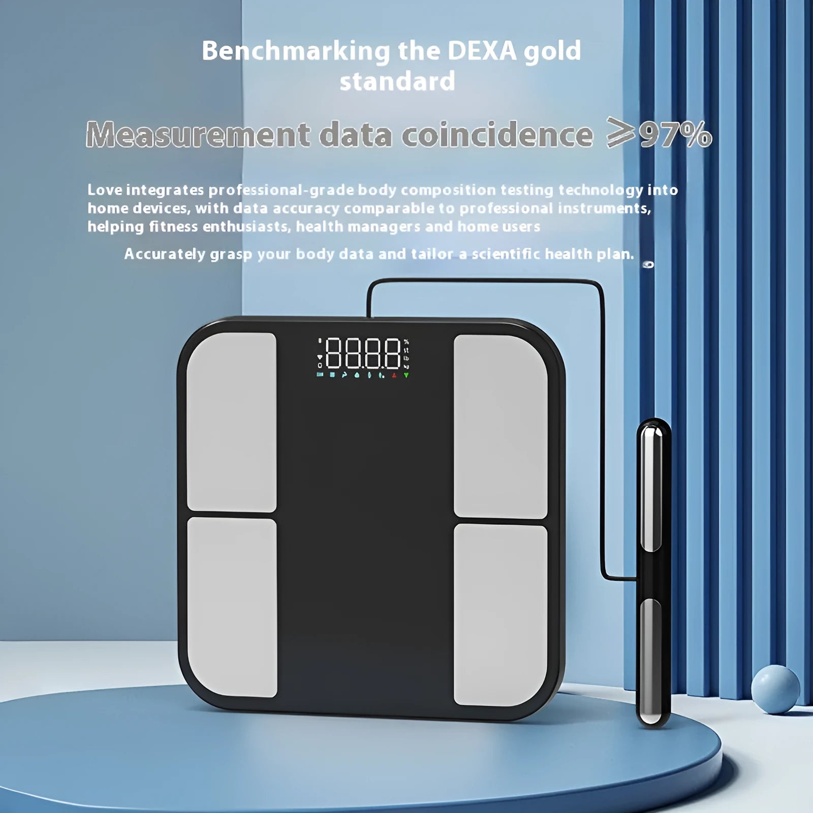 Black electronic weighing scale with tempered glass platform and colour screen display showing body composition metrics