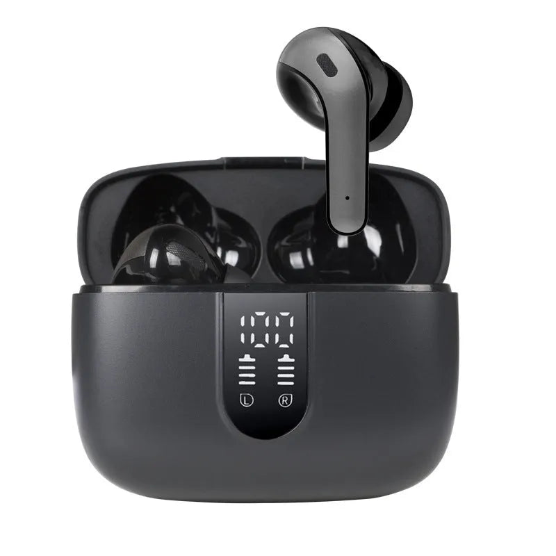 Jerry X08 wireless Bluetooth headset with digital display and charging case in Black, Grey, or White colour options