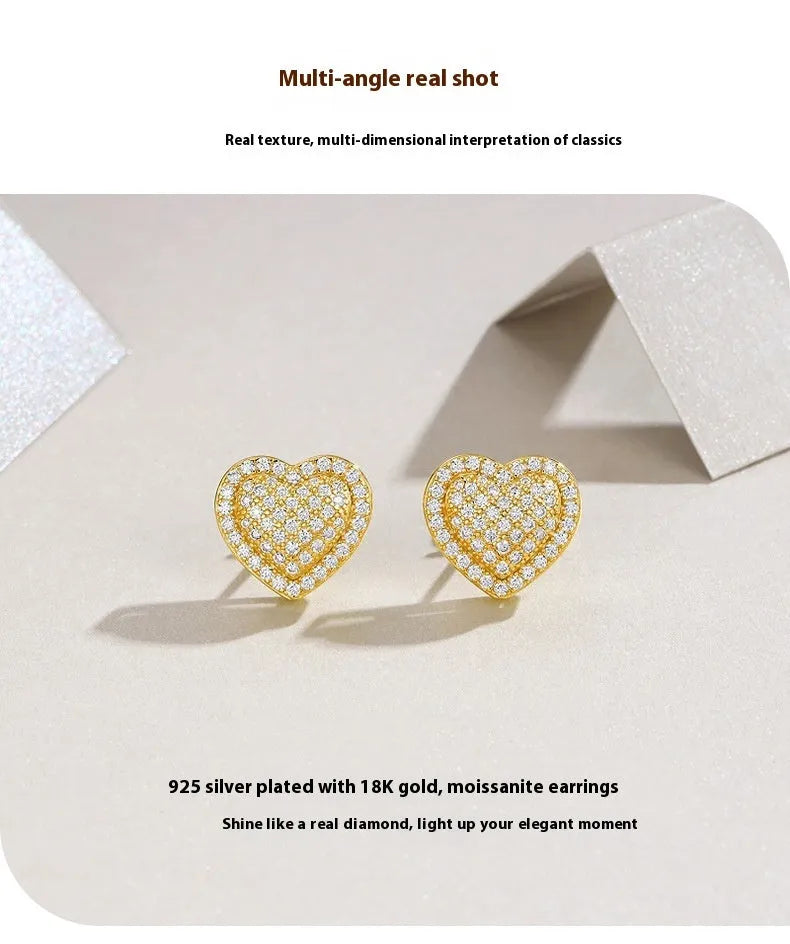 Golden colour S925 silver stud earrings with heart-shaped moissanite stone designs