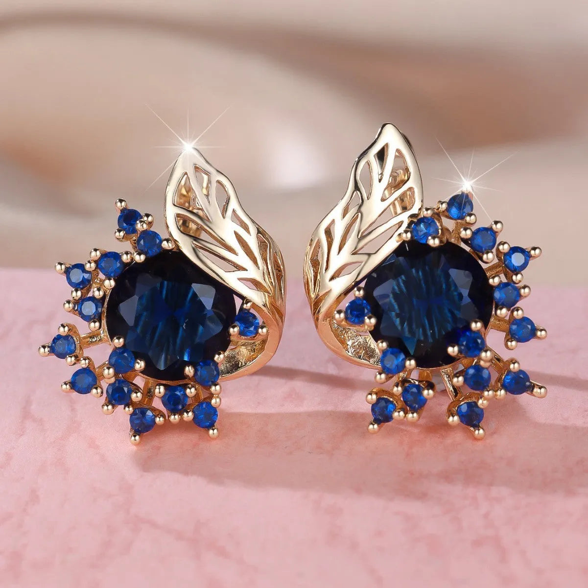 Round flowers feather design rose gold zircon earrings with coloured stone centre options