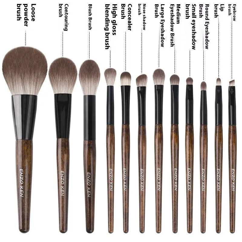 12-piece makeup brush set with wooden handles in grey PU storage case