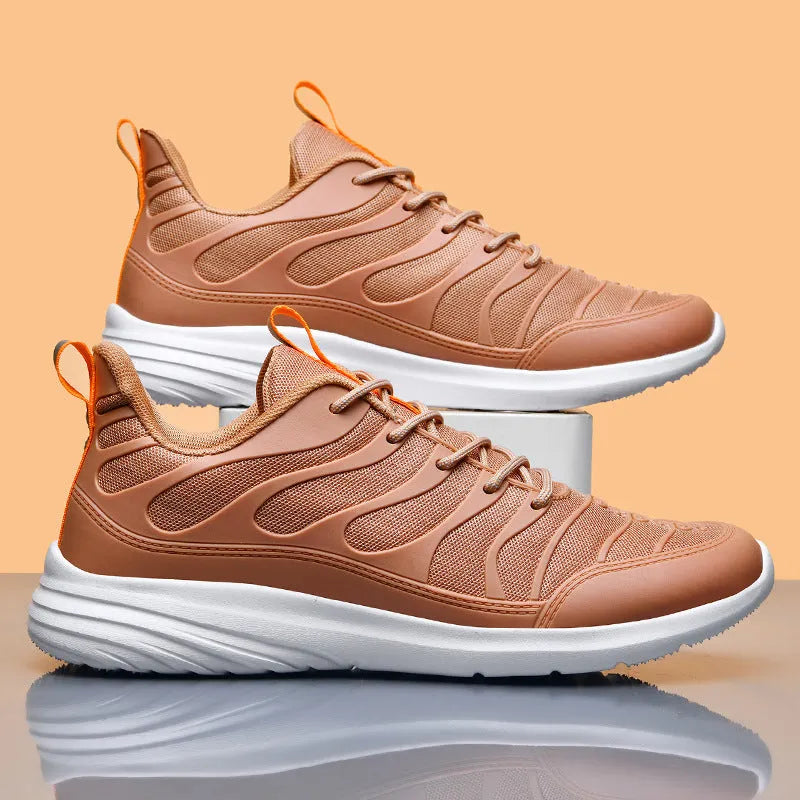 Men's outdoor sports mesh breathable running shoes with cross straps, PU upper, available in black, light grey, and terracotta warriors, sizes 39-46