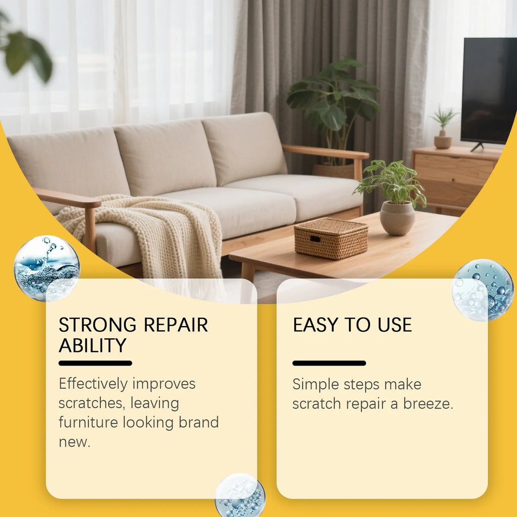 Wooden furniture scratch care solution set showing 100ml bottle and 20x20cm microfibre towel