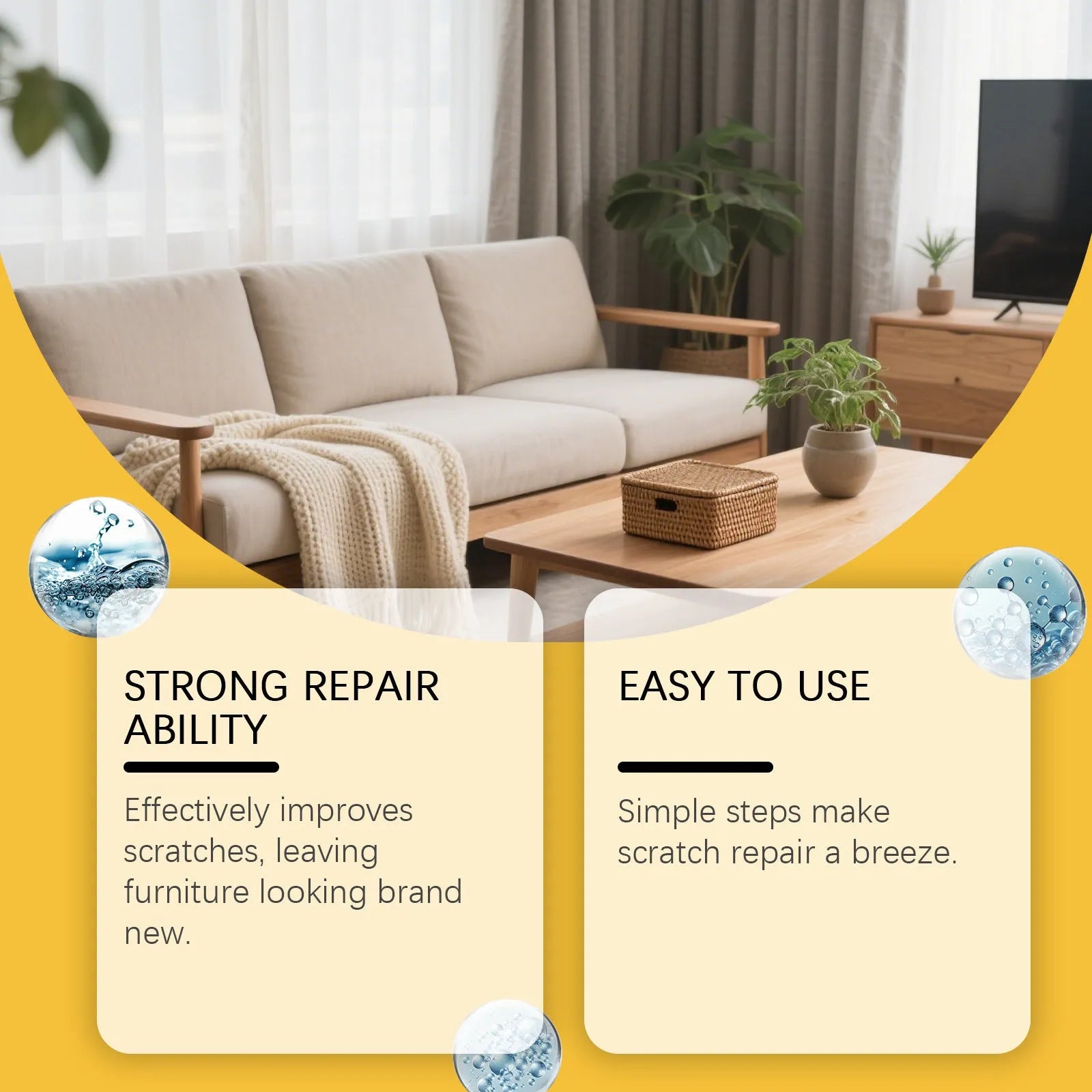 Wooden furniture scratch care solution set showing 100ml bottle and 20x20cm microfibre towel