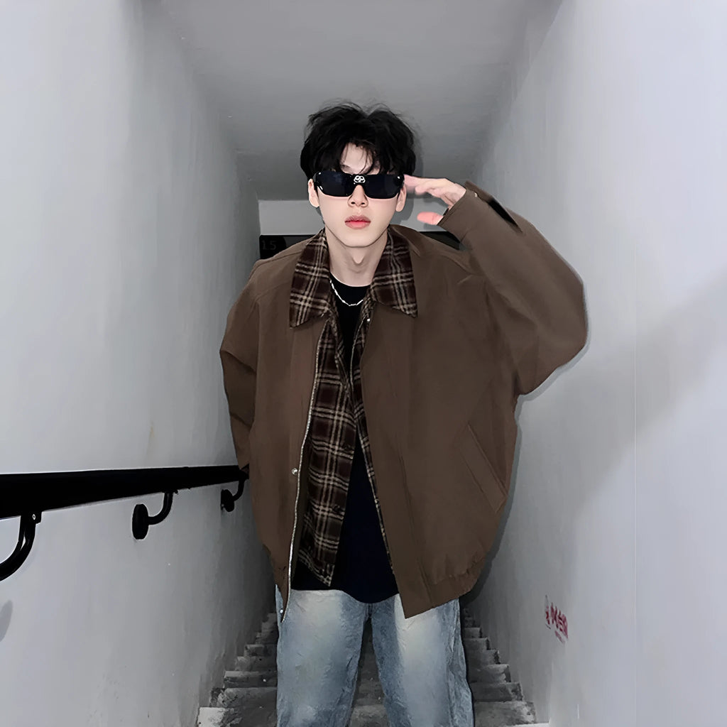 Men's spring-autumn fake two-piece jacket in black, loose fit, with side pockets and long sleeves