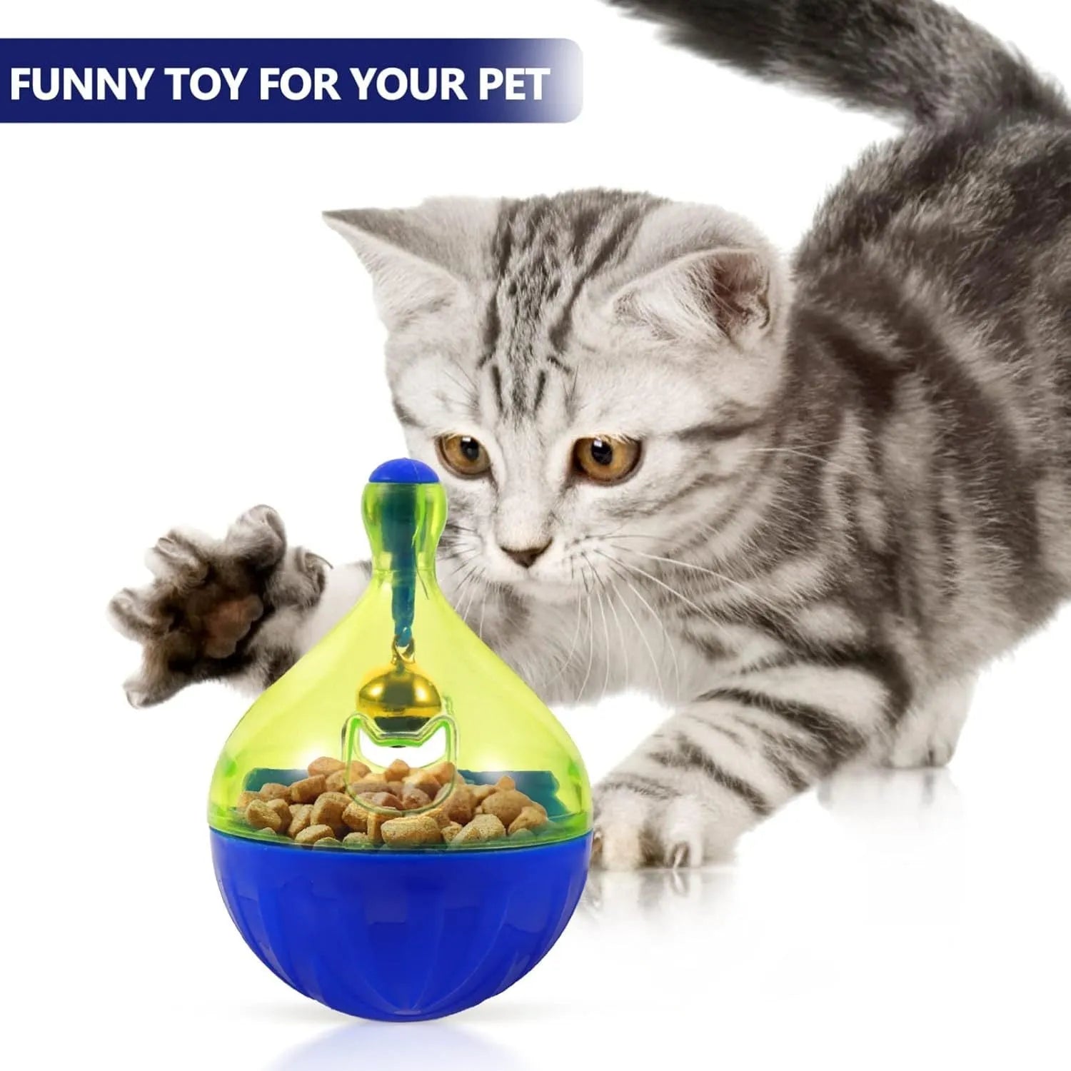 Blue tumbler-shaped interactive treat dispenser ball for dogs and cats on floor