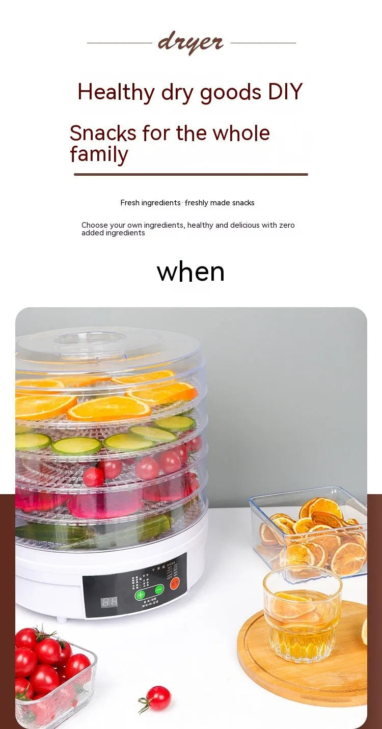 Household food dehydrator with multiple stackable drying trays on a kitchen worktop.