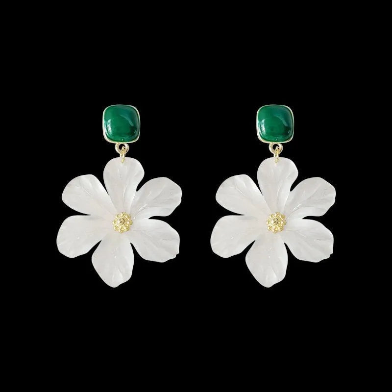 Dark green needle flowers sweet earrings in sterling silver alloy for women