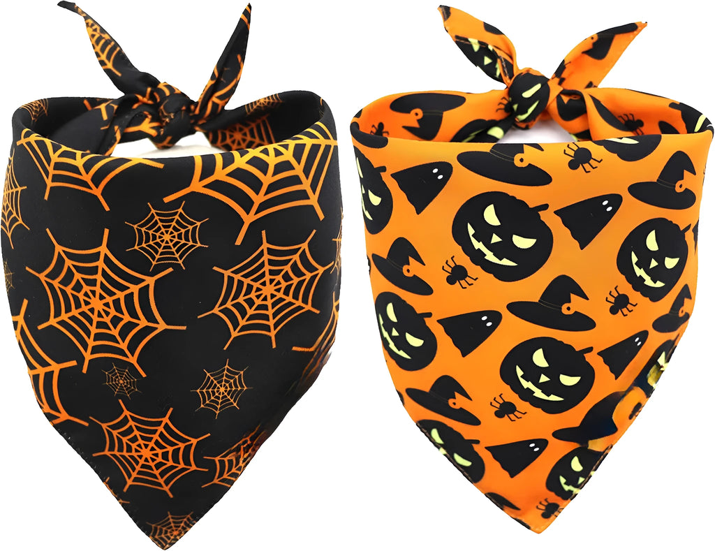 Reversible Halloween dog bandana showing pumpkin and spider web patterns with adjustable neck fastening