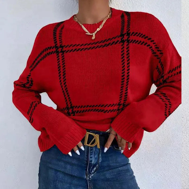 Women's casual plaid colour-block crew neck acrylic sweater with apricot, black, beige, red and green stripes