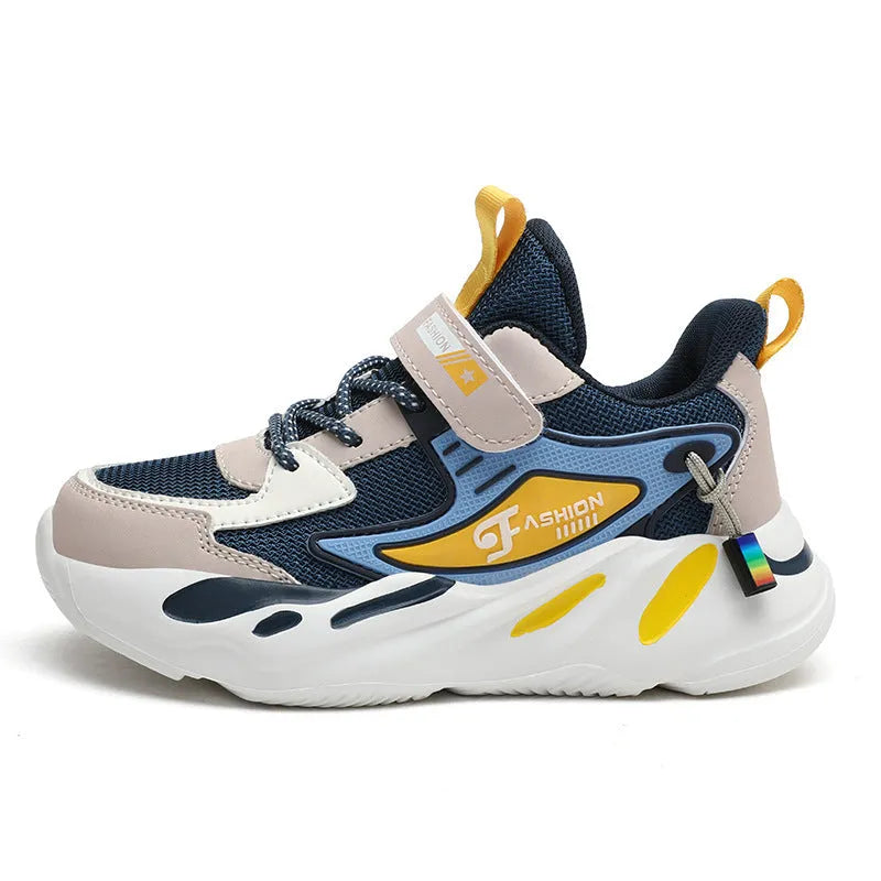 Child's platform sports shoes in dark blue mesh with non-slip sole and Velcro fastening