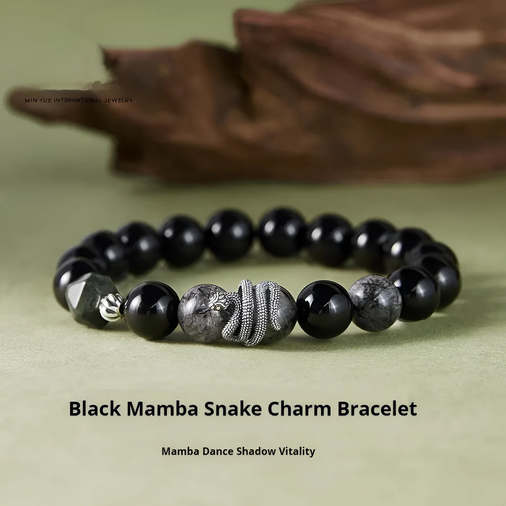 S925 sterling silver men's snake bracelet with obsidian black crystal hair design