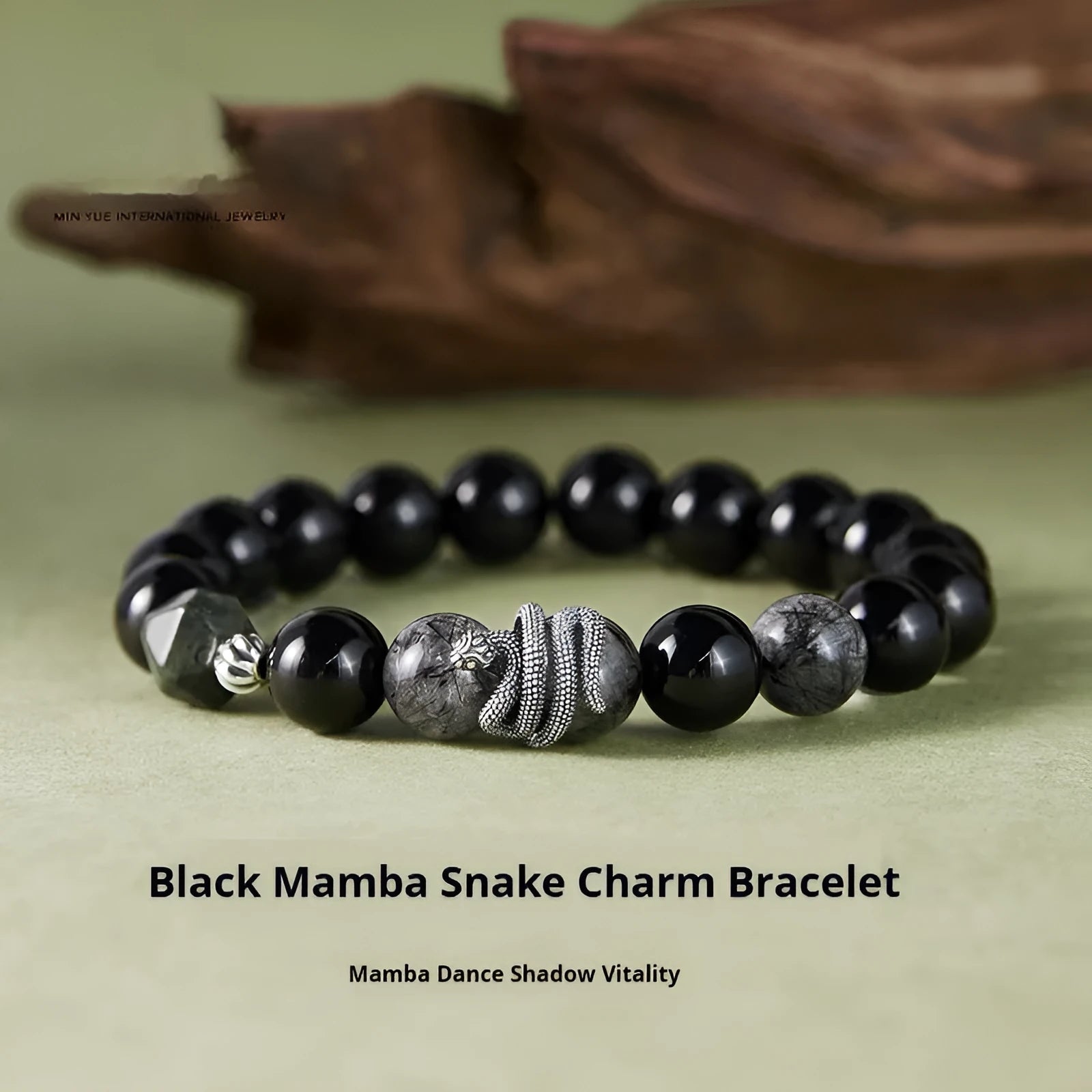 S925 sterling silver men's snake bracelet with obsidian black crystal hair design