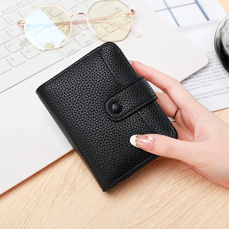 Ladies' short wallet with lychee pattern in beige, pink, black, and red colour options showing two-fold design