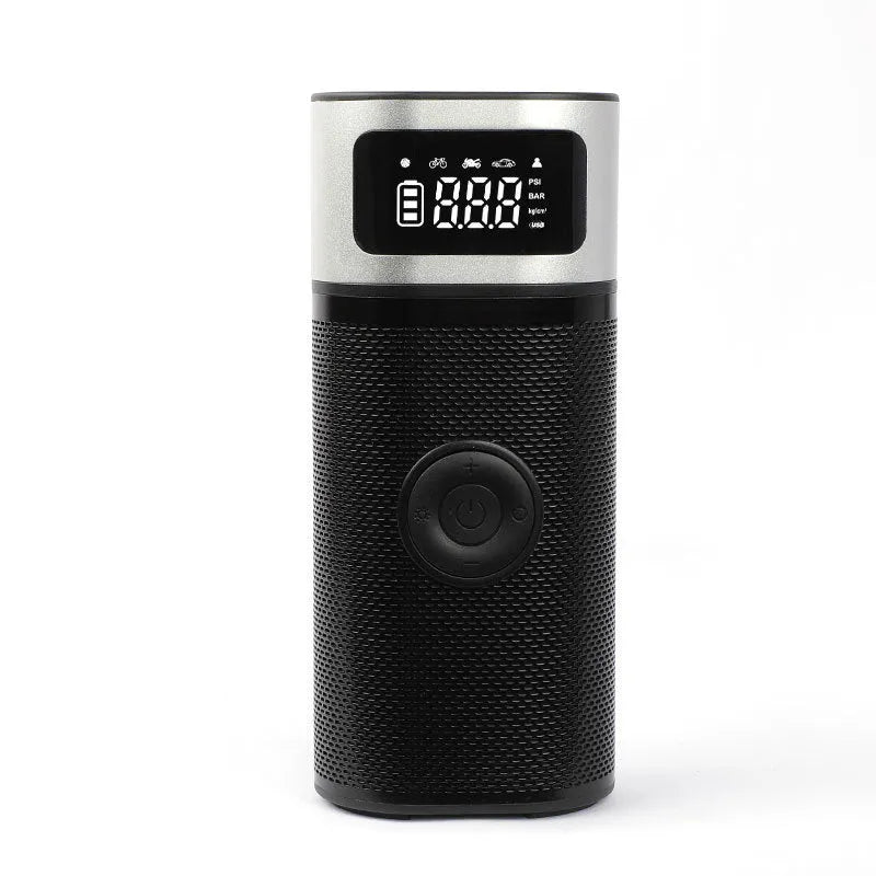 Black portable wireless air pump with metal construction, USB charging port, and 15cm inflation tube