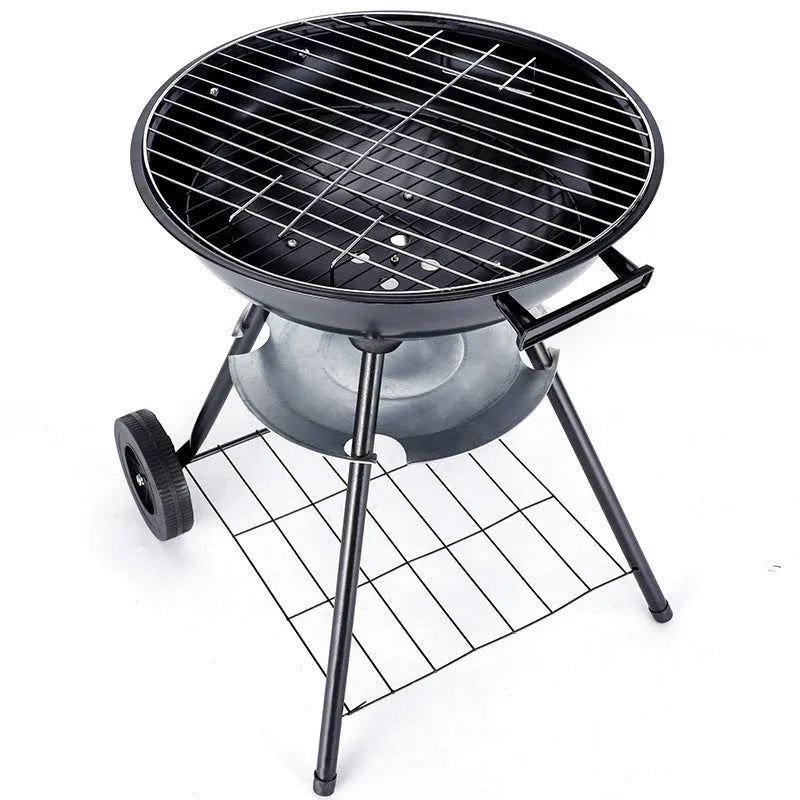 Portable 14-inch iron barbecue grill oven with apple stove design on a neutral background