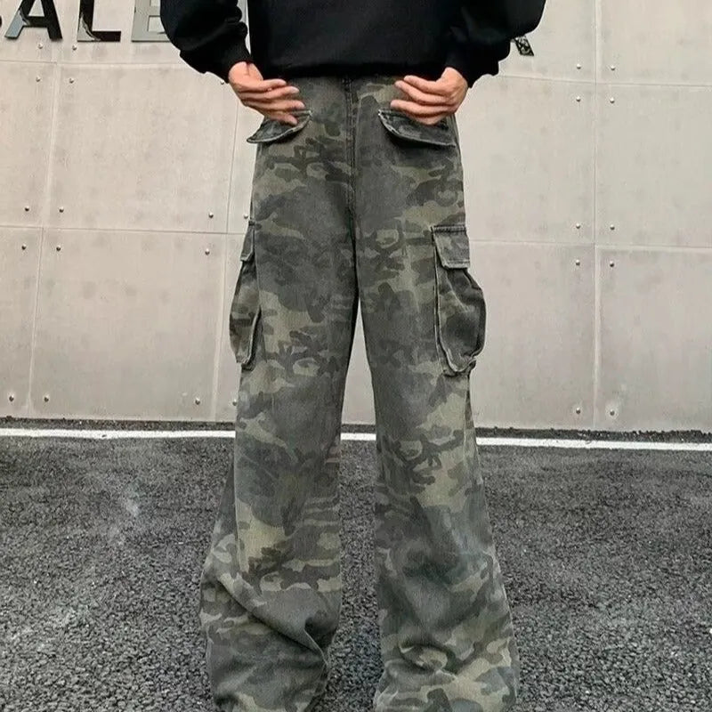 American vintage washed camouflage cargo pants with multiple pockets on a mannequin.