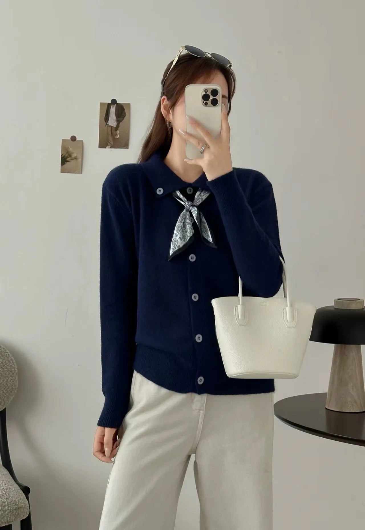 Lazy Fashion lapel and scarf detail cardigan sweater in acrylic fabric