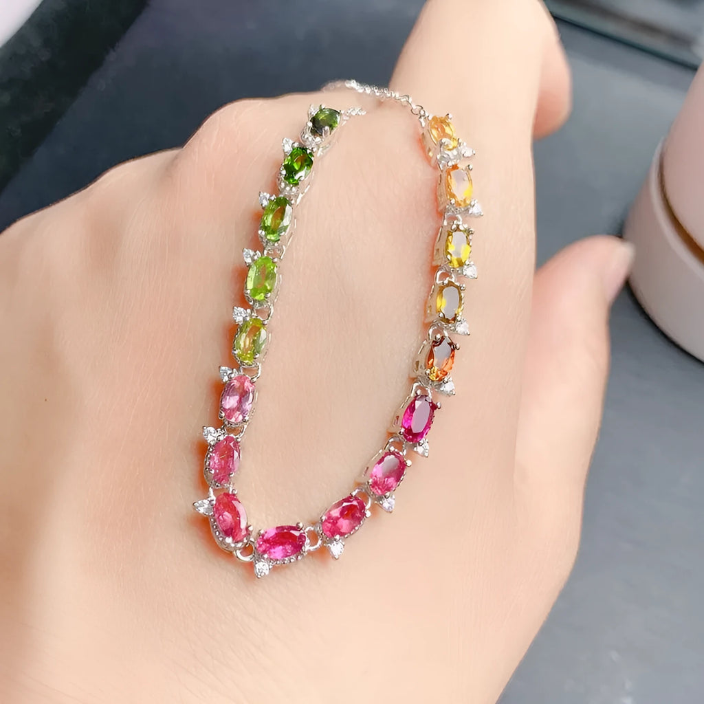 Women's natural tourmaline bracelet with 5x3mm stones in 925 sterling silver white gold colour finish