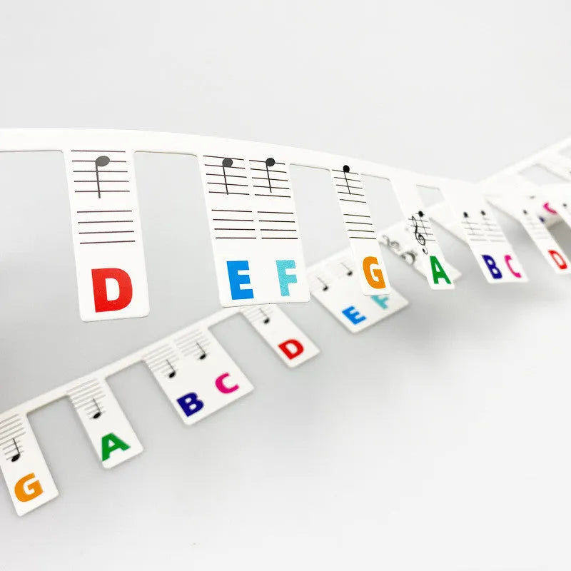 White cardboard piano keyboard stickers for 88-key staff notation learning with coloured note bars