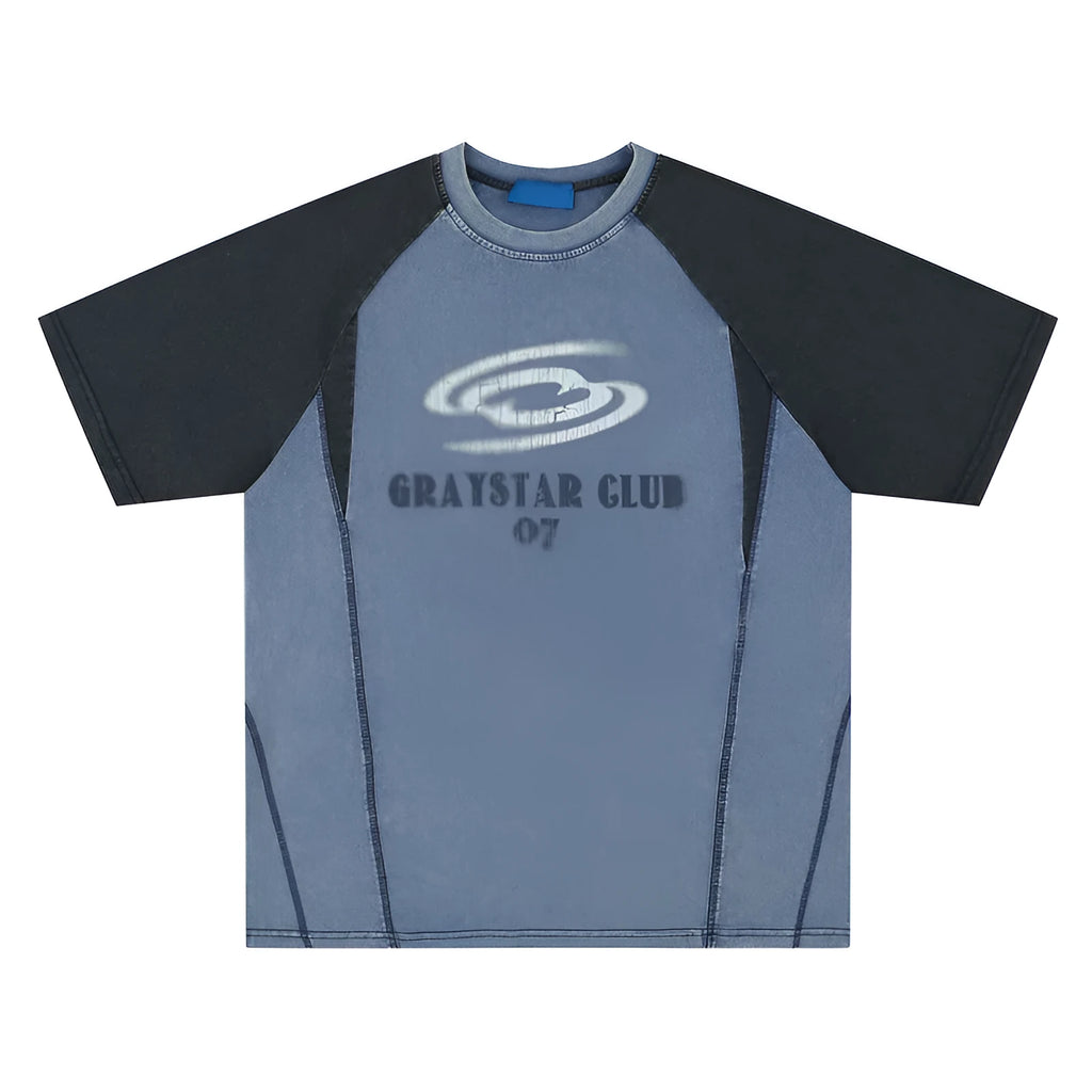 Men's blue hip hop letter print t-shirt with raglan sleeves and loose fit design