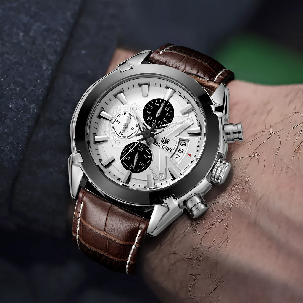 Men's quartz watch with three subdials, luminous hands, waterproof construction in black or brown colour options