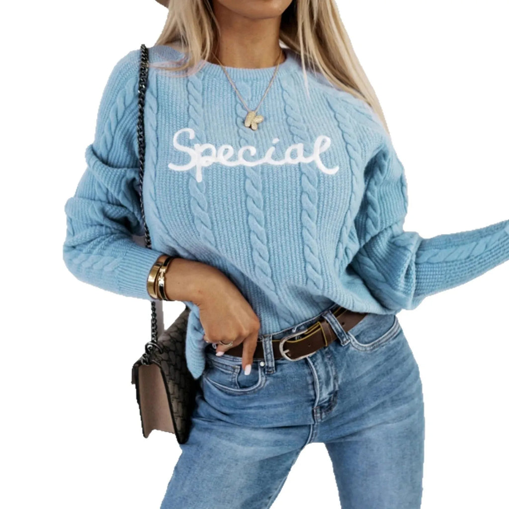 Blue crew neck pullover with embroidered letters in street fashion style